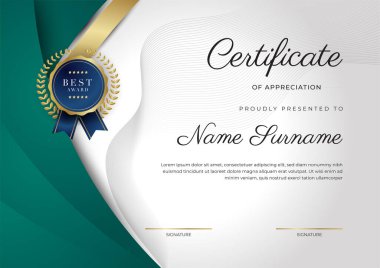 Yeşil, siyah ve altın sertifikalı, lüks rozetli ve modern çizgili sınır şablonu. Ödül, iş ve eğitim ihtiyaçları için. Vektör sertifika şablonu