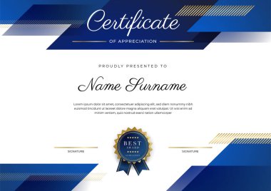Lüks rozetli ve modern hat desenli mavi ve altın başarı sertifikası. Ödül, iş ve eğitim ihtiyaçları için