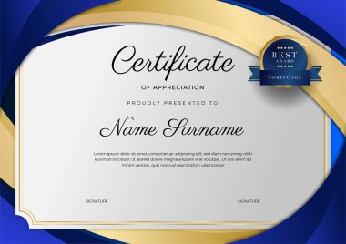 Lüks rozetli ve modern hat desenli mavi ve altın başarı sertifikası. Ödül, iş ve eğitim ihtiyaçları için