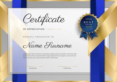 Lüks rozetli ve modern hat desenli mavi ve altın başarı sertifikası. Ödül, iş ve eğitim ihtiyaçları için