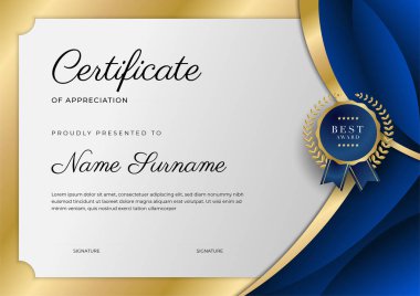 Lüks rozetli ve modern hat desenli mavi ve altın başarı sertifikası. Ödül, iş ve eğitim ihtiyaçları için