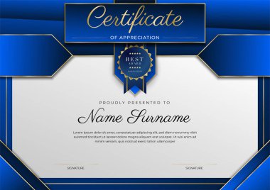 Lüks rozetli ve modern hat desenli mavi ve altın başarı sertifikası. Ödül, iş ve eğitim ihtiyaçları için