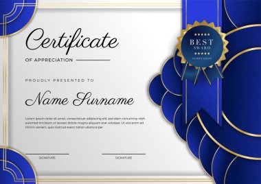 Lüks rozetli ve modern hat desenli mavi ve altın başarı sertifikası. Ödül, iş ve eğitim ihtiyaçları için