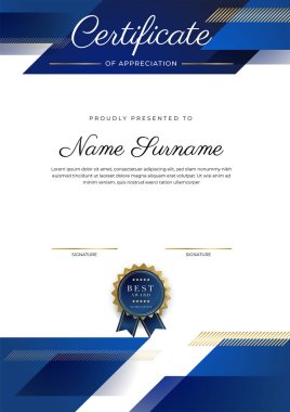Lüks rozetli ve modern hat desenli mavi ve altın başarı sertifikası. Ödül, iş ve eğitim ihtiyaçları için