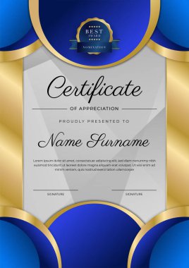 Lüks rozetli ve modern hat desenli mavi ve altın başarı sertifikası. Ödül, iş ve eğitim ihtiyaçları için