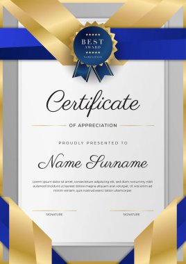 Lüks rozetli ve modern hat desenli mavi ve altın başarı sertifikası. Ödül, iş ve eğitim ihtiyaçları için
