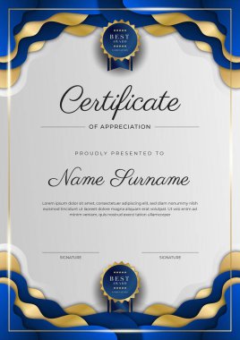 Lüks rozetli ve modern hat desenli mavi ve altın başarı sertifikası. Ödül, iş ve eğitim ihtiyaçları için