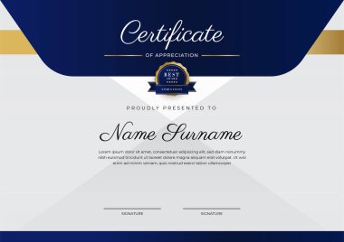 Lüks rozetli ve modern hat desenli mavi ve altın başarı sertifikası. Ödül, iş ve eğitim ihtiyaçları için