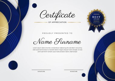 Lüks rozetli ve modern hat desenli mavi ve altın başarı sertifikası. Ödül, iş ve eğitim ihtiyaçları için