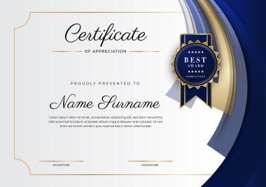 Lüks rozetli ve modern hat desenli mavi ve altın başarı sertifikası. Ödül, iş ve eğitim ihtiyaçları için