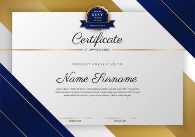 Lüks rozetli ve modern hat desenli mavi ve altın başarı sertifikası. Ödül, iş ve eğitim ihtiyaçları için