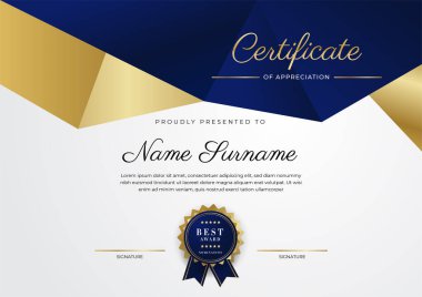 Lüks rozetli ve modern hat desenli mavi ve altın başarı sertifikası. Ödül, iş ve eğitim ihtiyaçları için