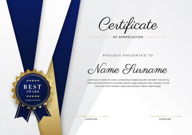 Lüks rozetli ve modern hat desenli mavi ve altın başarı sertifikası. Ödül, iş ve eğitim ihtiyaçları için