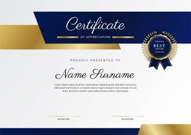 Lüks rozetli ve modern hat desenli mavi ve altın başarı sertifikası. Ödül, iş ve eğitim ihtiyaçları için