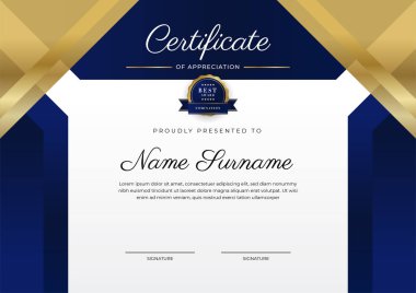 Lüks rozetli ve modern hat desenli mavi ve altın başarı sertifikası. Ödül, iş ve eğitim ihtiyaçları için