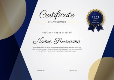 Lüks rozetli ve modern hat desenli mavi ve altın başarı sertifikası. Ödül, iş ve eğitim ihtiyaçları için