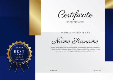 Lüks rozetli ve modern hat desenli mavi ve altın başarı sertifikası. Ödül, iş ve eğitim ihtiyaçları için