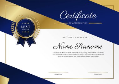 Lüks rozetli ve modern hat desenli mavi ve altın başarı sertifikası. Ödül, iş ve eğitim ihtiyaçları için