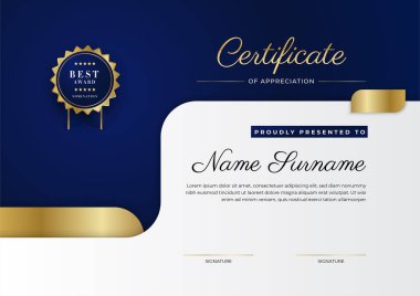 Lüks rozetli ve modern hat desenli mavi ve altın başarı sertifikası. Ödül, iş ve eğitim ihtiyaçları için