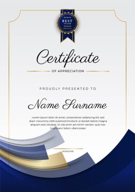 Lüks rozetli ve modern hat desenli mavi ve altın başarı sertifikası. Ödül, iş ve eğitim ihtiyaçları için