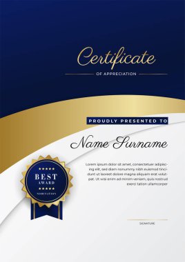 Lüks rozetli ve modern hat desenli mavi ve altın başarı sertifikası. Ödül, iş ve eğitim ihtiyaçları için