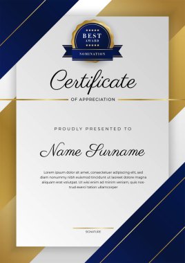 Lüks rozetli ve modern hat desenli mavi ve altın başarı sertifikası. Ödül, iş ve eğitim ihtiyaçları için