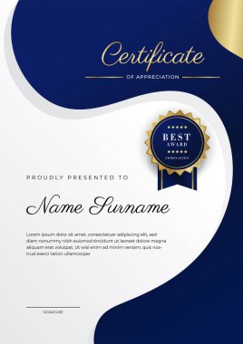 Lüks rozetli ve modern hat desenli mavi ve altın başarı sertifikası. Ödül, iş ve eğitim ihtiyaçları için
