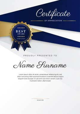 Lüks rozetli ve modern hat desenli mavi ve altın başarı sertifikası. Ödül, iş ve eğitim ihtiyaçları için