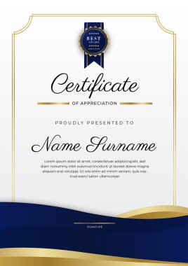 Lüks rozetli ve modern hat desenli mavi ve altın başarı sertifikası. Ödül, iş ve eğitim ihtiyaçları için