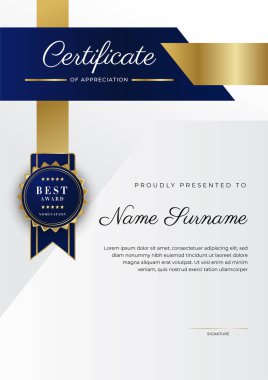 Lüks rozetli ve modern hat desenli mavi ve altın başarı sertifikası. Ödül, iş ve eğitim ihtiyaçları için