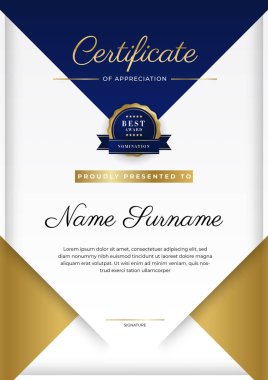 Lüks rozetli ve modern hat desenli mavi ve altın başarı sertifikası. Ödül, iş ve eğitim ihtiyaçları için
