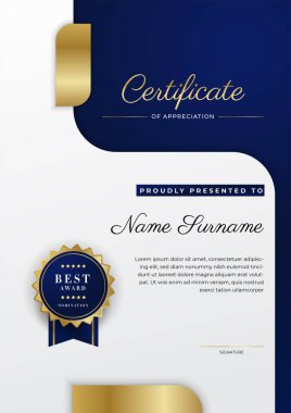 Lüks rozetli ve modern hat desenli mavi ve altın başarı sertifikası. Ödül, iş ve eğitim ihtiyaçları için