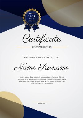 Lüks rozetli ve modern hat desenli mavi ve altın başarı sertifikası. Ödül, iş ve eğitim ihtiyaçları için