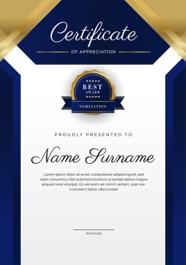 Lüks rozetli ve modern hat desenli mavi ve altın başarı sertifikası. Ödül, iş ve eğitim ihtiyaçları için