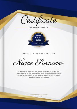Lüks rozetli ve modern hat desenli mavi ve altın başarı sertifikası. Ödül, iş ve eğitim ihtiyaçları için