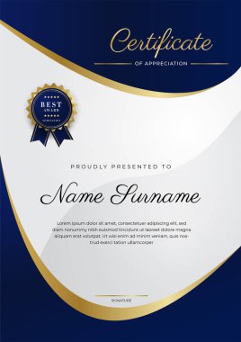 Lüks rozetli ve modern hat desenli mavi ve altın başarı sertifikası. Ödül, iş ve eğitim ihtiyaçları için