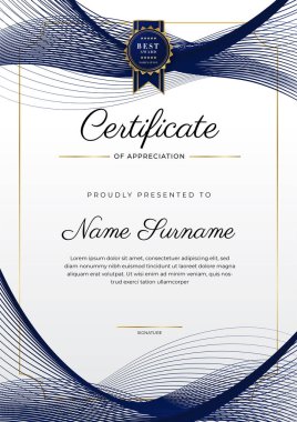 Lüks rozetli ve modern hat desenli mavi ve altın başarı sertifikası. Ödül, iş ve eğitim ihtiyaçları için