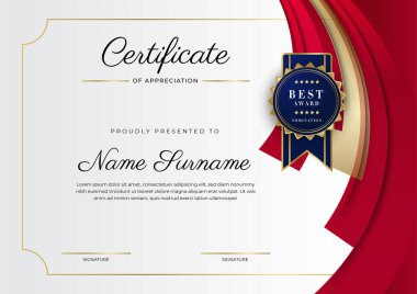 Kırmızı ve altın renkli takdir şablonu sertifikası, rozet tasarımı ile çok amaçlı sertifika sınırı. Zarif kırmızı ve altın sertifika şablonu