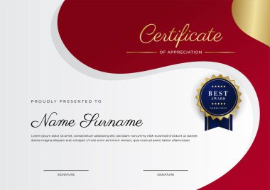 Kırmızı ve altın renkli takdir şablonu sertifikası, rozet tasarımı ile çok amaçlı sertifika sınırı. Zarif kırmızı ve altın sertifika şablonu