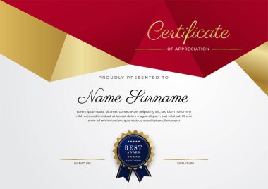 Kırmızı ve altın renkli takdir şablonu sertifikası, rozet tasarımı ile çok amaçlı sertifika sınırı. Zarif kırmızı ve altın sertifika şablonu