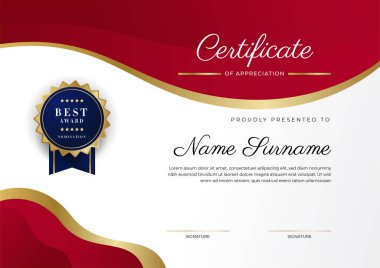 Kırmızı ve altın renkli takdir şablonu sertifikası, rozet tasarımı ile çok amaçlı sertifika sınırı. Zarif kırmızı ve altın sertifika şablonu