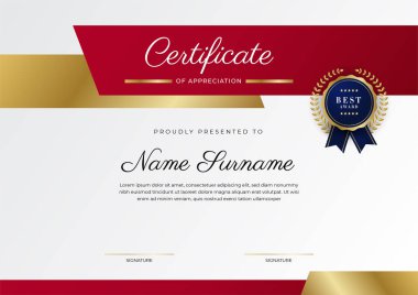 Kırmızı ve altın renkli takdir şablonu sertifikası, rozet tasarımı ile çok amaçlı sertifika sınırı. Zarif kırmızı ve altın sertifika şablonu