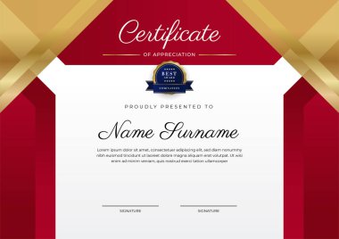 Kırmızı ve altın renkli takdir şablonu sertifikası, rozet tasarımı ile çok amaçlı sertifika sınırı. Zarif kırmızı ve altın sertifika şablonu