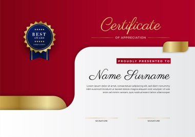 Kırmızı ve altın renkli takdir şablonu sertifikası, rozet tasarımı ile çok amaçlı sertifika sınırı. Zarif kırmızı ve altın sertifika şablonu
