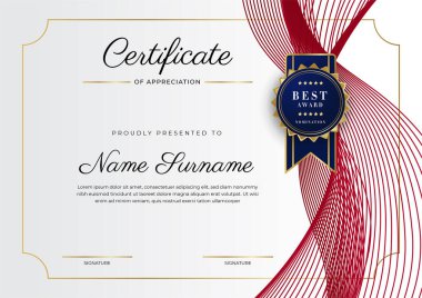 Kırmızı ve altın renkli takdir şablonu sertifikası, rozet tasarımı ile çok amaçlı sertifika sınırı. Zarif kırmızı ve altın sertifika şablonu