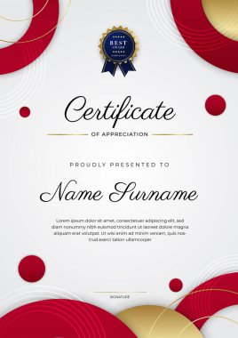 Kırmızı ve altın renkli takdir şablonu sertifikası, rozet tasarımı ile çok amaçlı sertifika sınırı. Zarif kırmızı ve altın sertifika şablonu