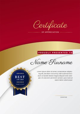 Kırmızı ve altın renkli takdir şablonu sertifikası, rozet tasarımı ile çok amaçlı sertifika sınırı. Zarif kırmızı ve altın sertifika şablonu