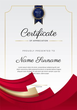 Kırmızı ve altın renkli takdir şablonu sertifikası, rozet tasarımı ile çok amaçlı sertifika sınırı. Zarif kırmızı ve altın sertifika şablonu