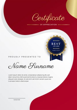 Kırmızı ve altın renkli takdir şablonu sertifikası, rozet tasarımı ile çok amaçlı sertifika sınırı. Zarif kırmızı ve altın sertifika şablonu