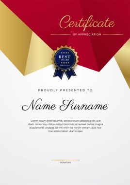Kırmızı ve altın renkli takdir şablonu sertifikası, rozet tasarımı ile çok amaçlı sertifika sınırı. Zarif kırmızı ve altın sertifika şablonu